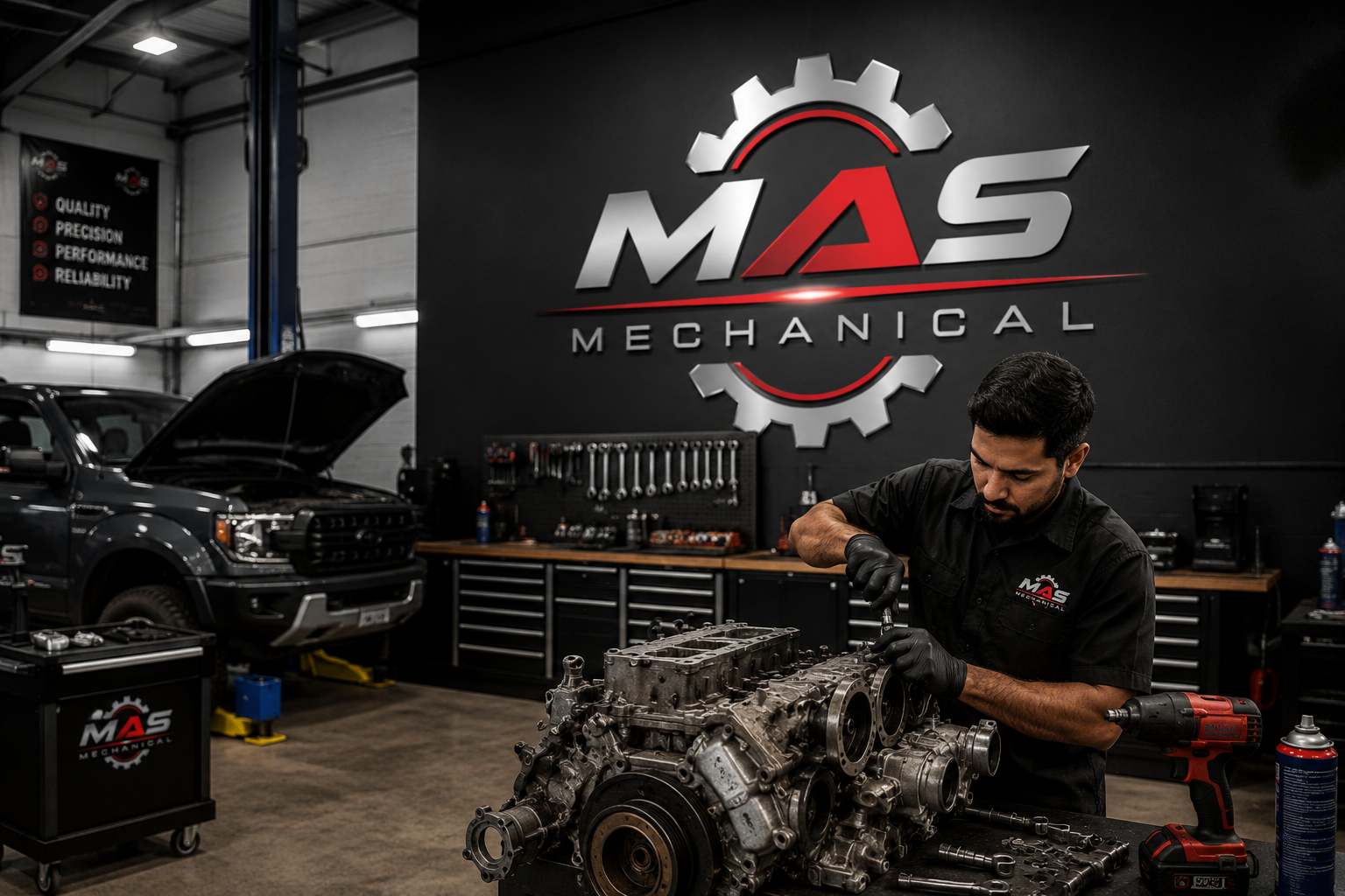MAS technician carrying out detailed engine repair at a workshop bench