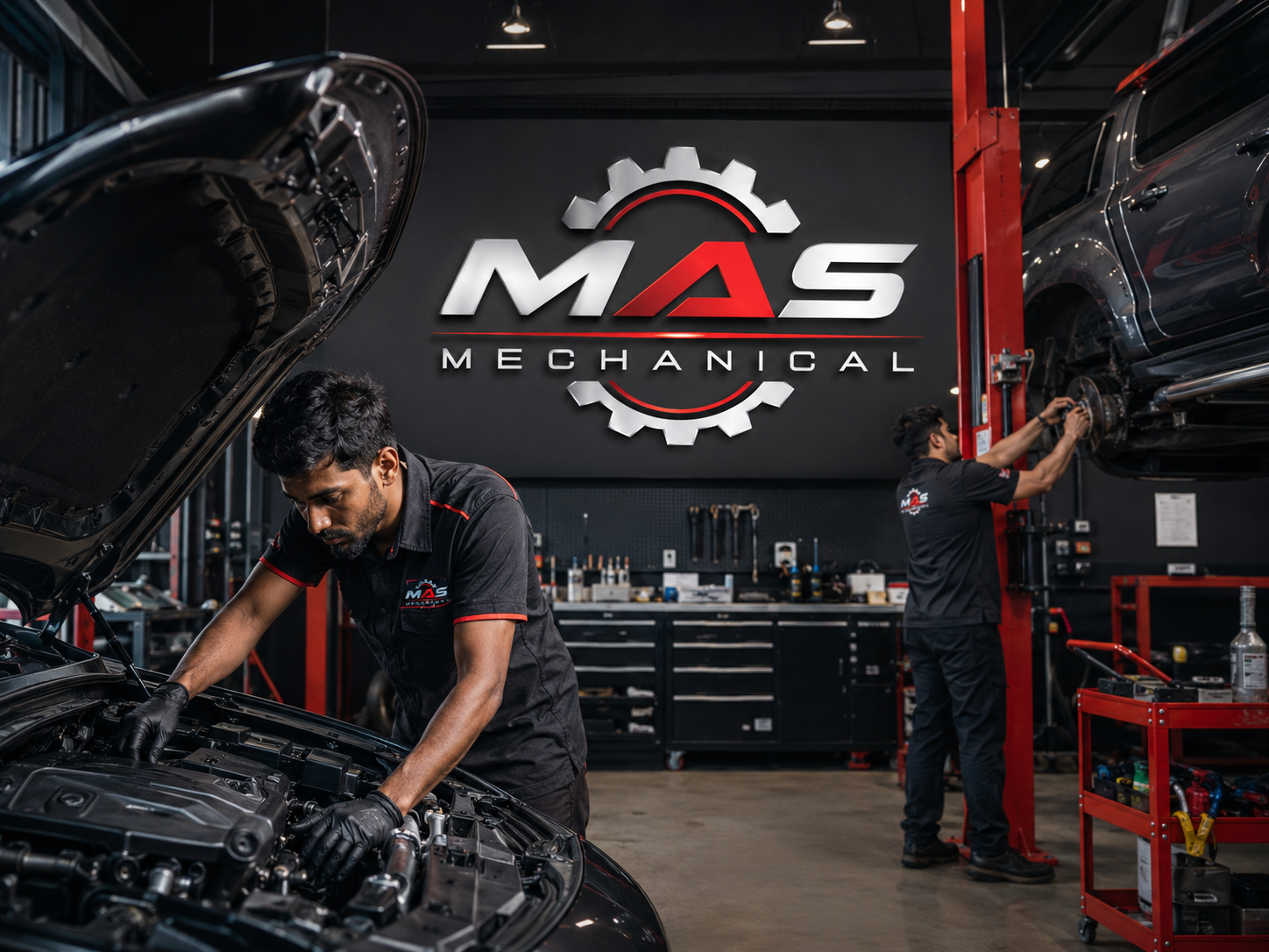MAS technicians servicing vehicles in the Manukau mechanical workshop