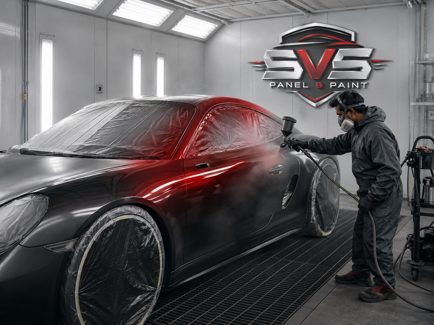 SVS refinisher applying automotive paint to a masked vehicle in the spray booth