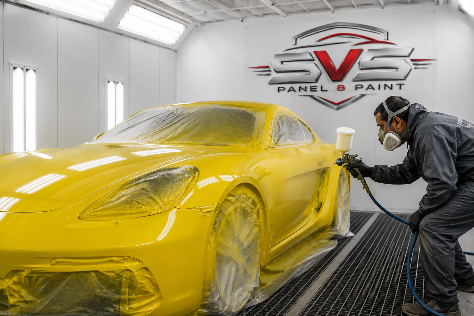 SVS refinisher applying yellow automotive paint to a masked prestige coupe in the spray booth