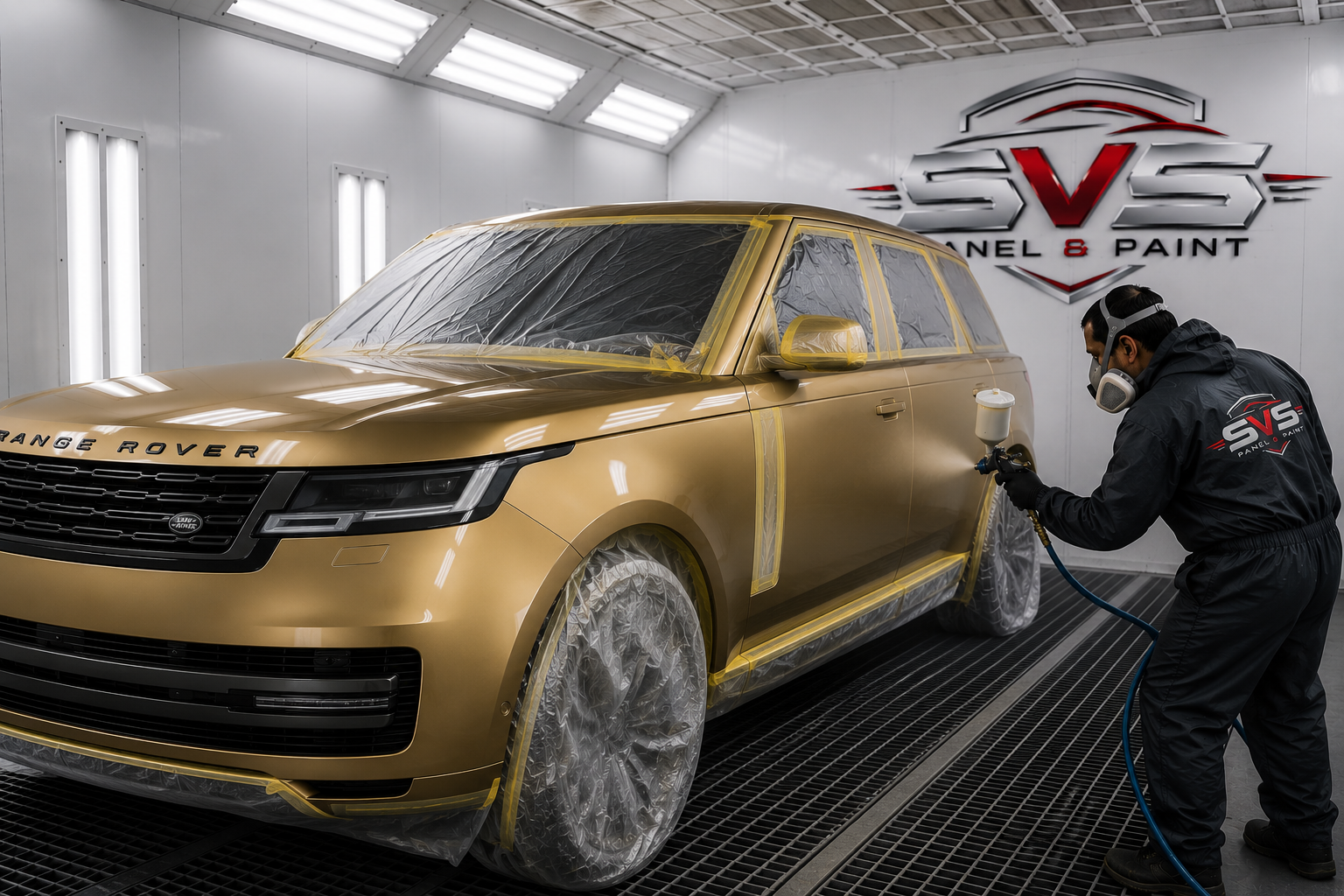 SVS refinisher applying gold automotive paint to a masked Range Rover in the spray booth