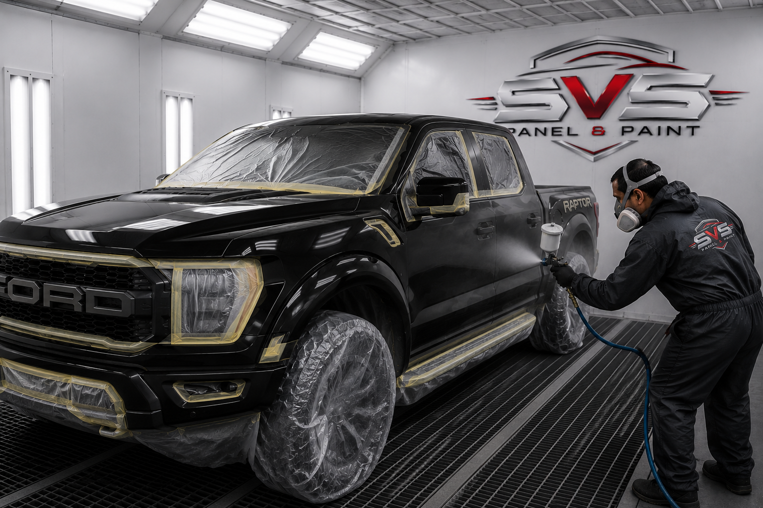 SVS refinisher applying paint to a masked black Raptor in the spray booth