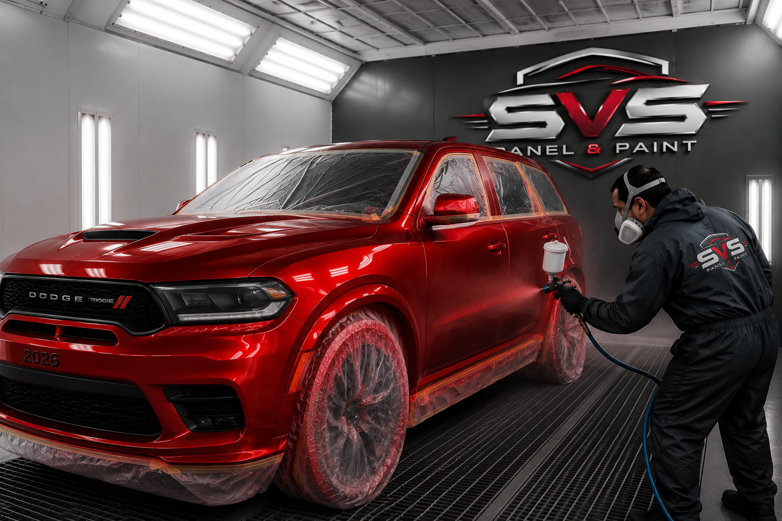 SVS refinisher applying red automotive paint to a masked SUV in the spray booth