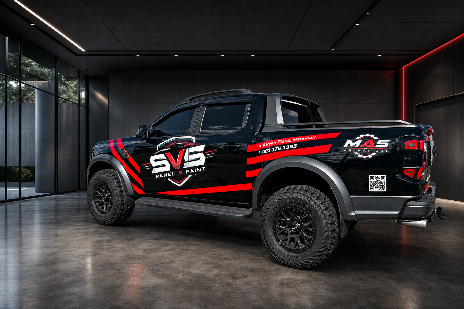 SVS Panel & Paint and MAS Mechanical branded Ford Raptor displayed in a premium automotive showroom